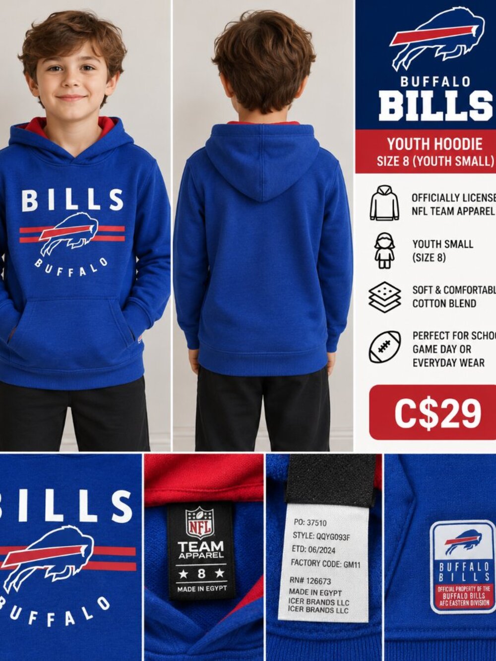 Buffalo Bills NFL Team Apparel Hoodie Youth Small Size 8